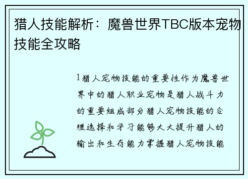 猎人技能解析：魔兽世界TBC版本宠物技能全攻略